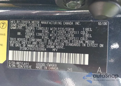 2007 Lexus Rx 350 from USA, damaged, VIN 2T2GK31U37C020864